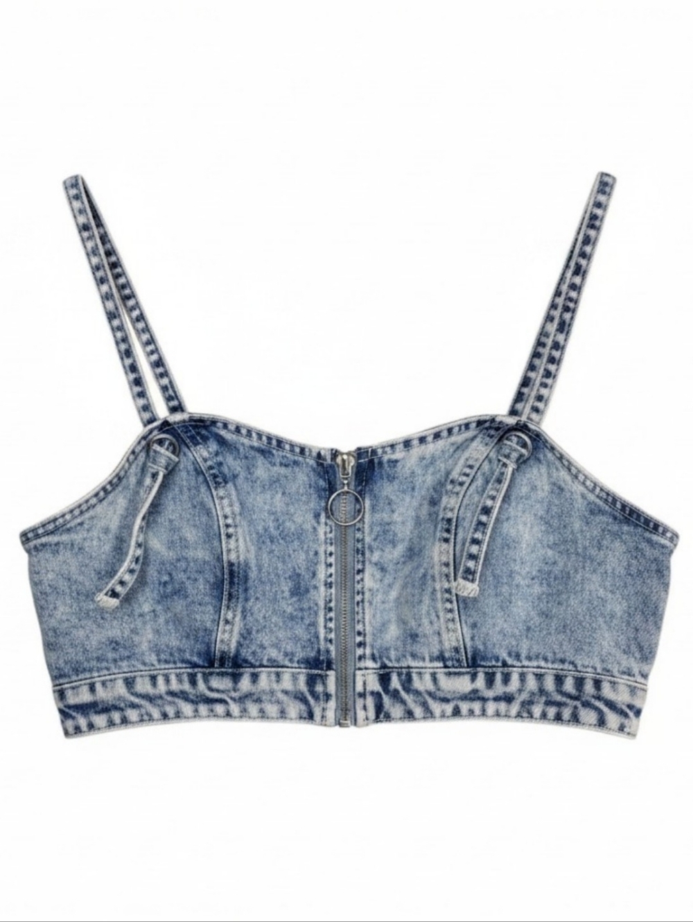 Forever 21 Acid Wash Denim Front Zip Crop Top SZ M